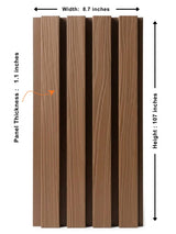 Brown composite wide exterior cladding panel with 8.7-inch width, 107-inch height, and 1.1-inch thickness dimensions