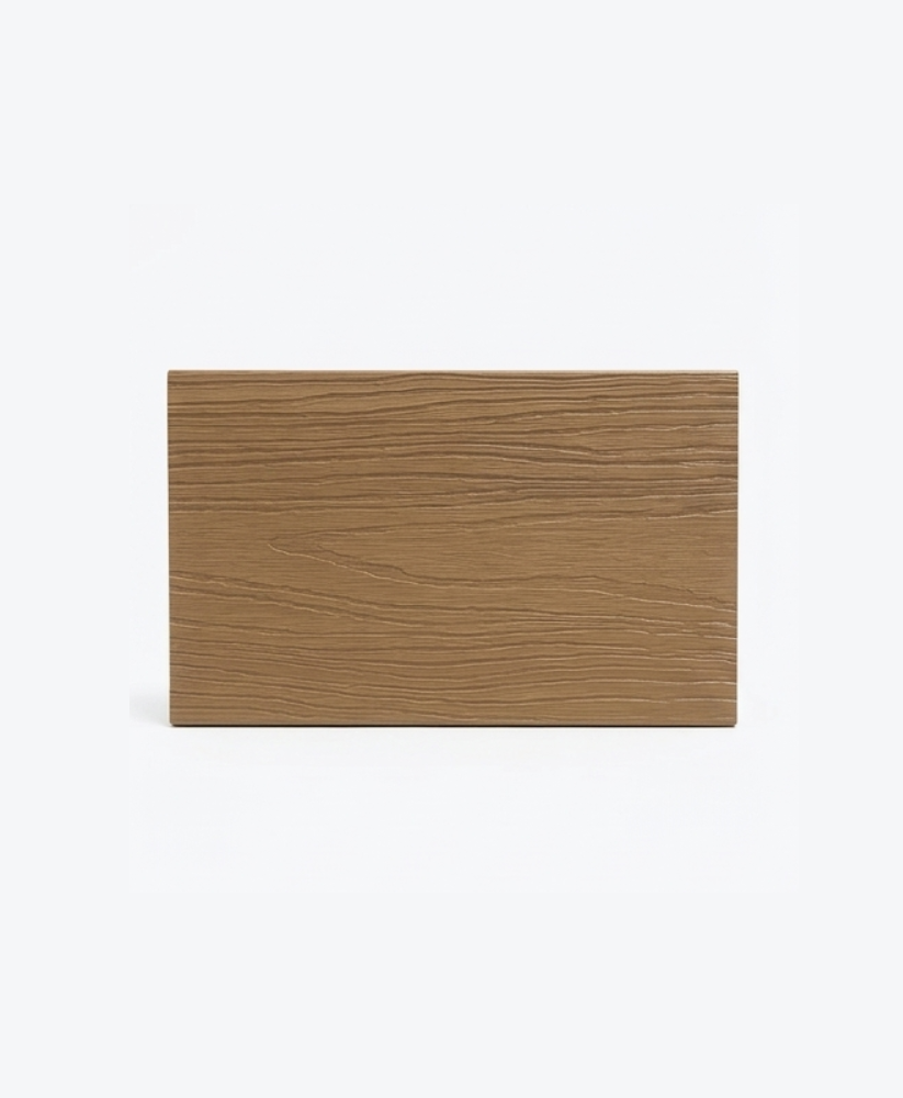 Brown composite fence sample with horizontal wood-grain texture