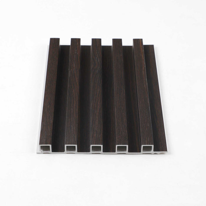 Dark brown wood grain WPC fluted wall panel with grooved pattern