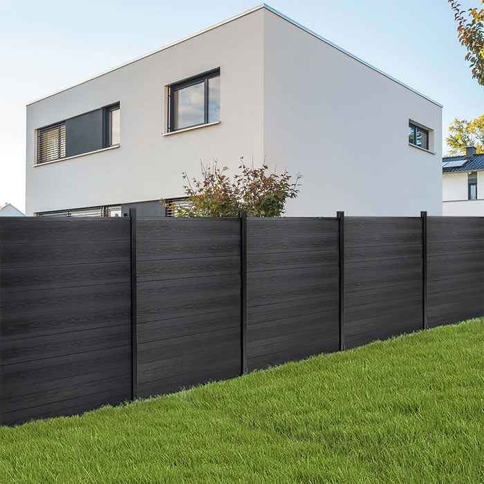 Modern black composite fence kit with horizontal planks