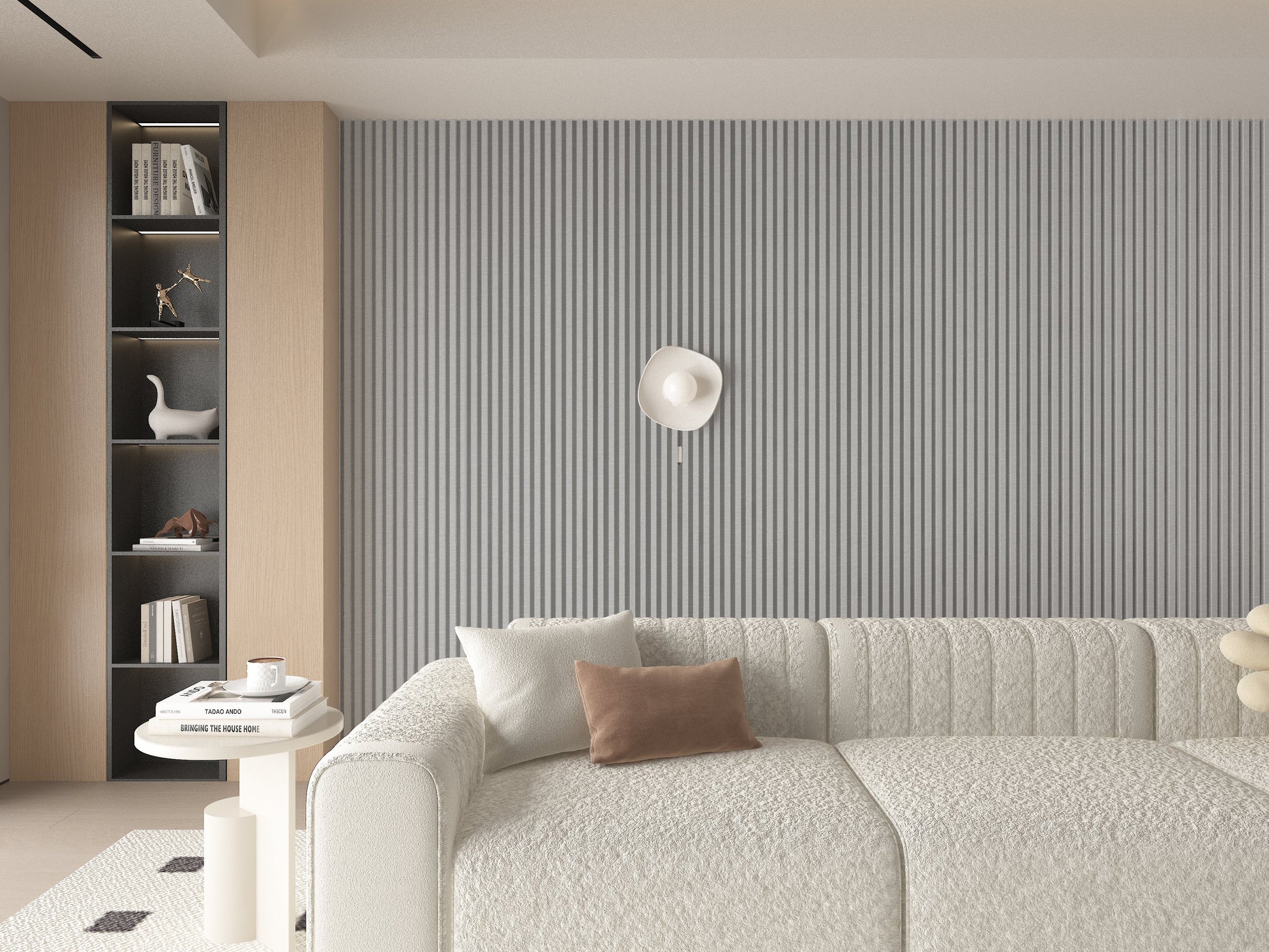 White linen WPC Fluted 3D Wall Panels. Accel Distribution Inc. Living Room Design With WPC Fluted Wall Panels