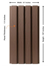 Dark brown composite exterior cladding panel with labeled dimensions of 8.7 inches wide, 107 inches high, and 1.1 inches thick