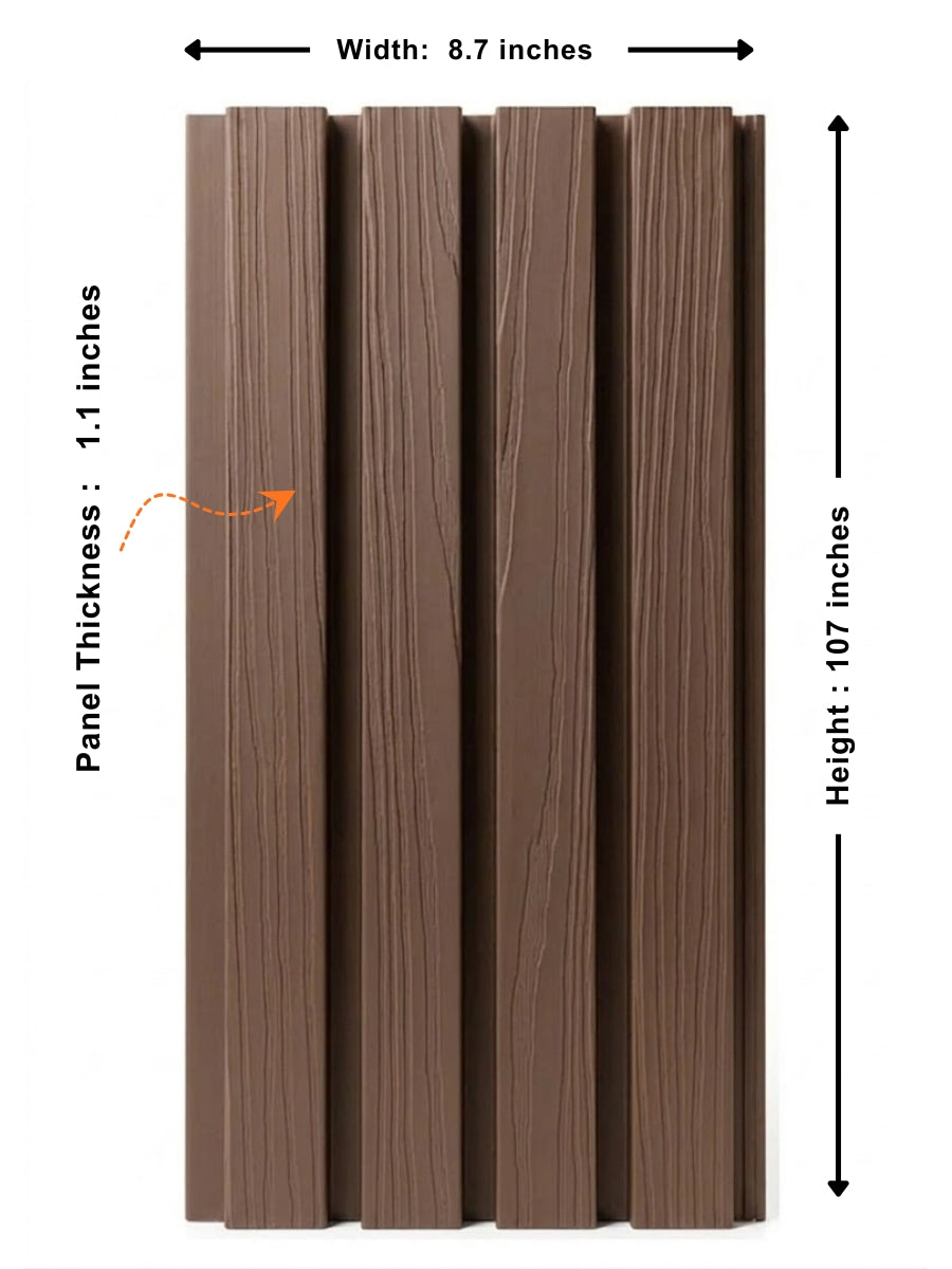 Dark brown composite exterior cladding panel with labeled dimensions of 8.7 inches wide, 107 inches high, and 1.1 inches thick