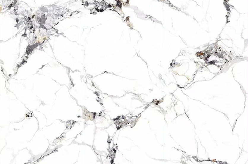 Close-up of the Glacier Vein PVC panel pattern with fine gray, black, and gold veining on white