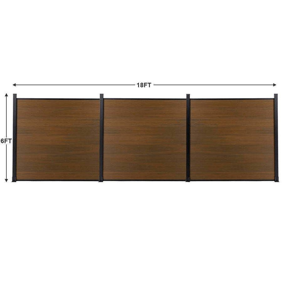 Three-panel walnut composite fence layout measuring 18 feet wide by 6 feet high
