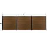 Three-panel walnut composite fence layout measuring 18 feet wide by 6 feet high