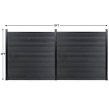 Two black composite fence panels measuring 6 feet high and 12 feet wide overall
