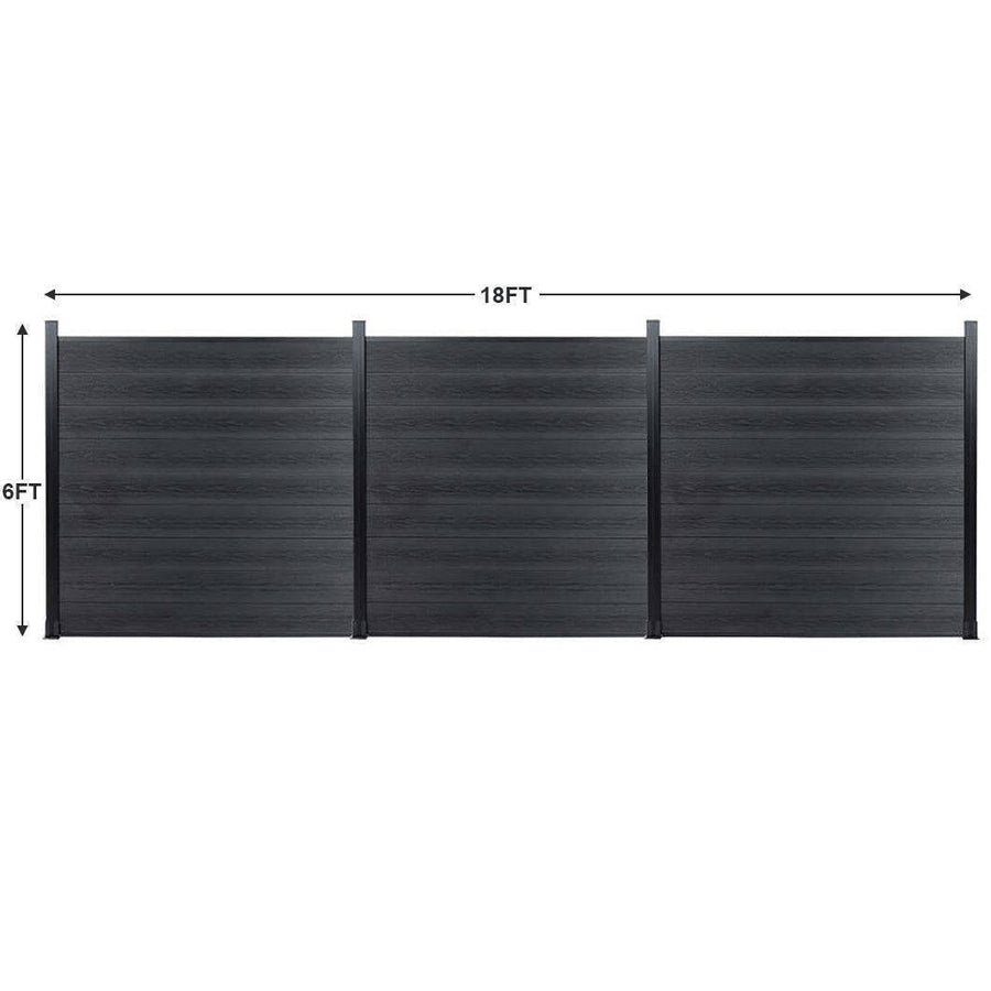 Three black composite fence panels measuring 6 feet high and 18 feet wide overall