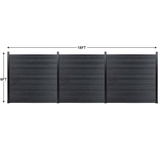 Three black composite fence panels measuring 6 feet high and 18 feet wide overall