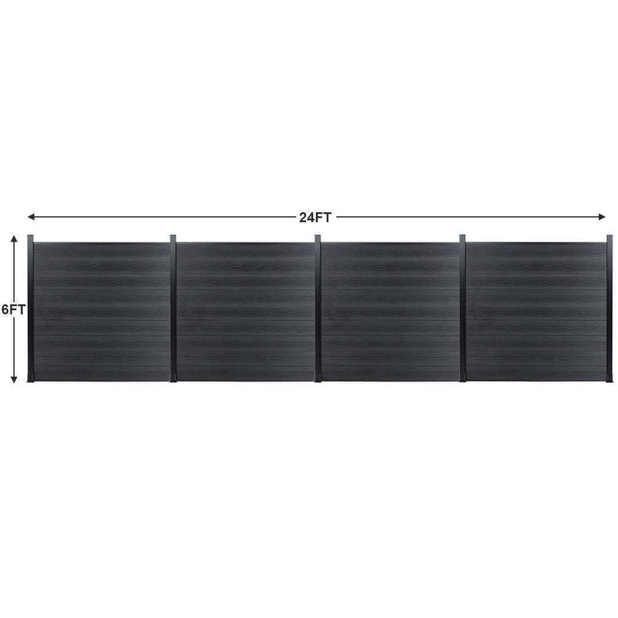 Four black composite fence panels measuring 6 feet high and 24 feet wide overall
