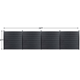 Four black composite fence panels measuring 6 feet high and 24 feet wide overall