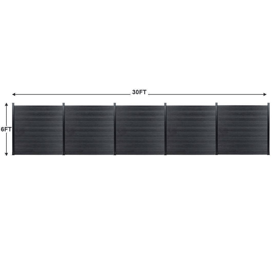 Five black composite fence panels measuring 6 feet high and 30 feet wide overall