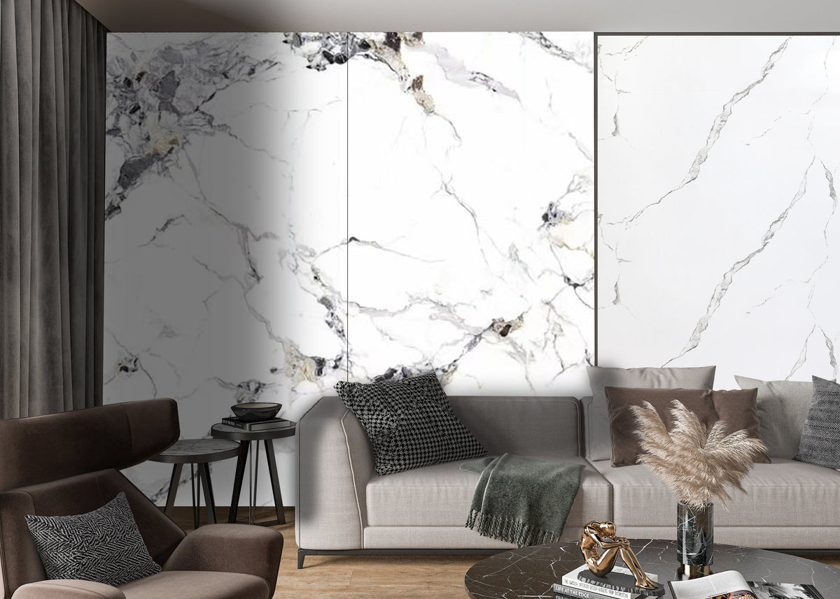 Glacier Vein white marble-look wall panel displayed behind neutral sofas in a contemporary living room