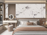 Glacier Vein PVC wall panels forming a white marble-look accent wall behind a bedroom headboard