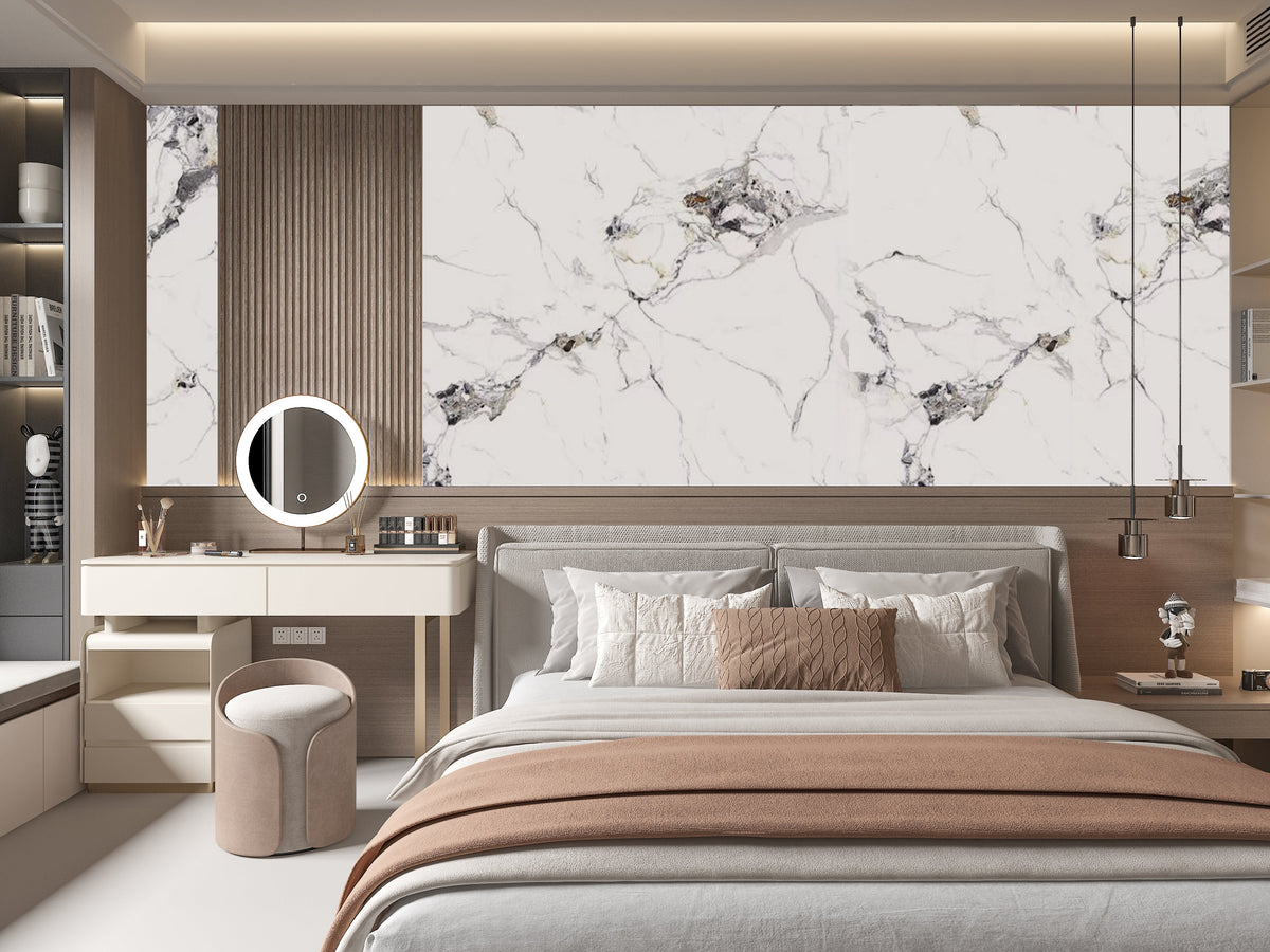 Glacier Vein PVC wall panels forming a white marble-look accent wall behind a bedroom headboard