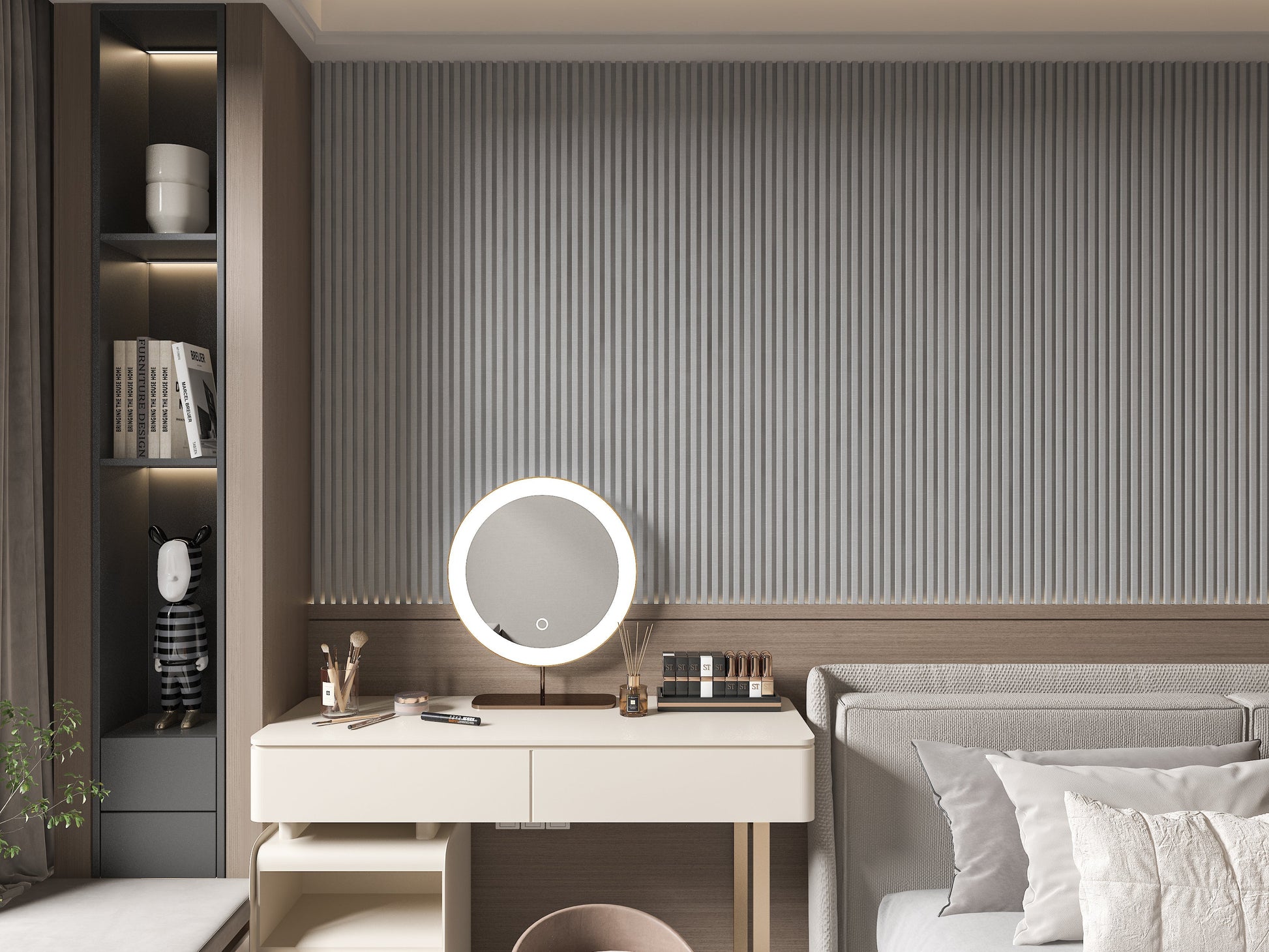 White linen WPC Fluted 3D Wall Panels. Accel Distribution Inc. Bedroom Wall Design