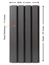 Gray composite wide exterior cladding panel measuring 8.7 inches wide, 107 inches high, and 1.1 inches thick
