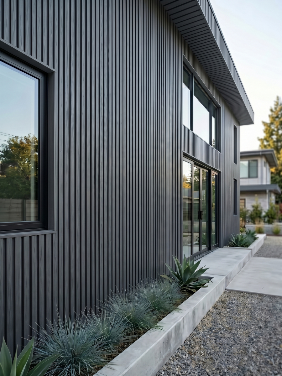 Gray composite wide exterior cladding installed vertically on a modern home facade with black-framed windows