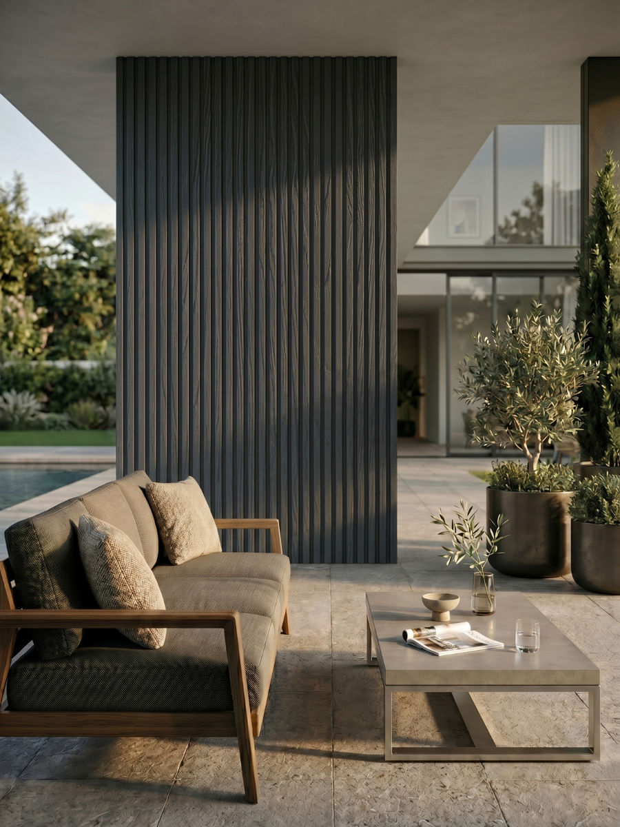 Gray composite wide exterior cladding on a patio accent column beside outdoor seating and planters