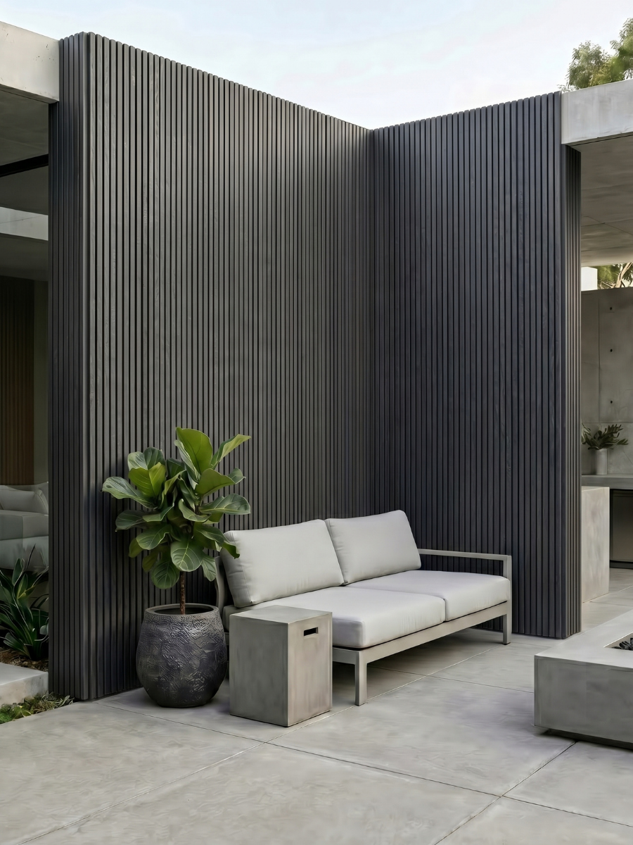 Gray wide composite cladding boards for stylish outdoor walls