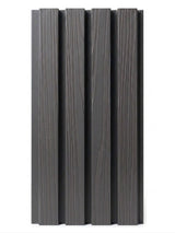 Gray composite wide exterior cladding panel with four raised slats and wood-grain texture