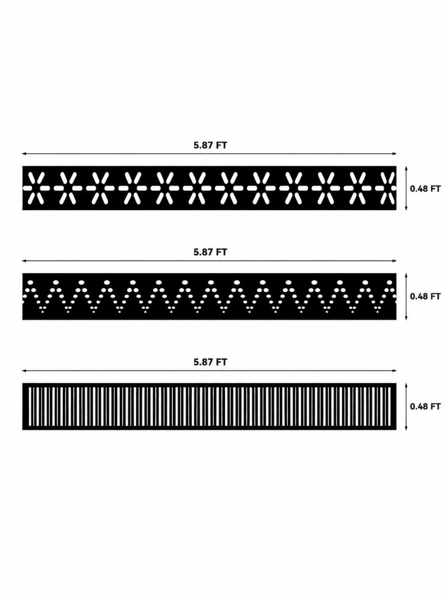 Modern decorative fence screen options in floral, dotted zigzag, and vertical slat patterns, each 5.87 ft by 0.48 ft
