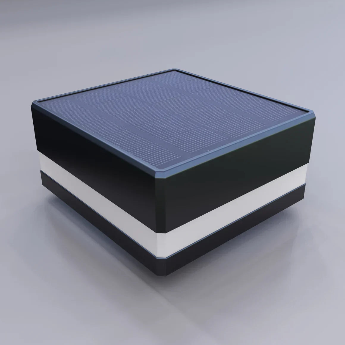 Dark square LED fence post cap with a solar panel top and white light band