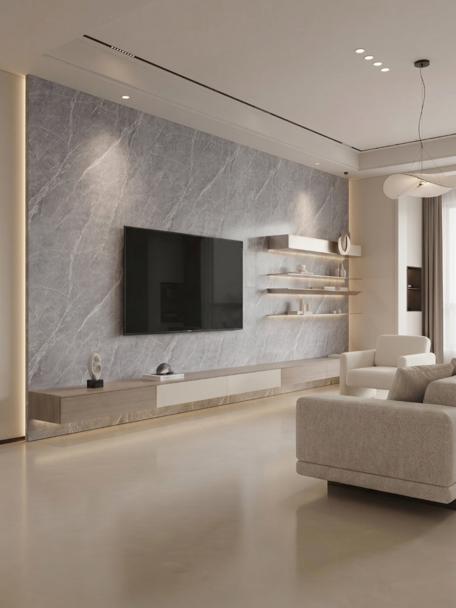 Ash gray marble PVC TV wall with a floating console and illuminated display shelves in a modern living room