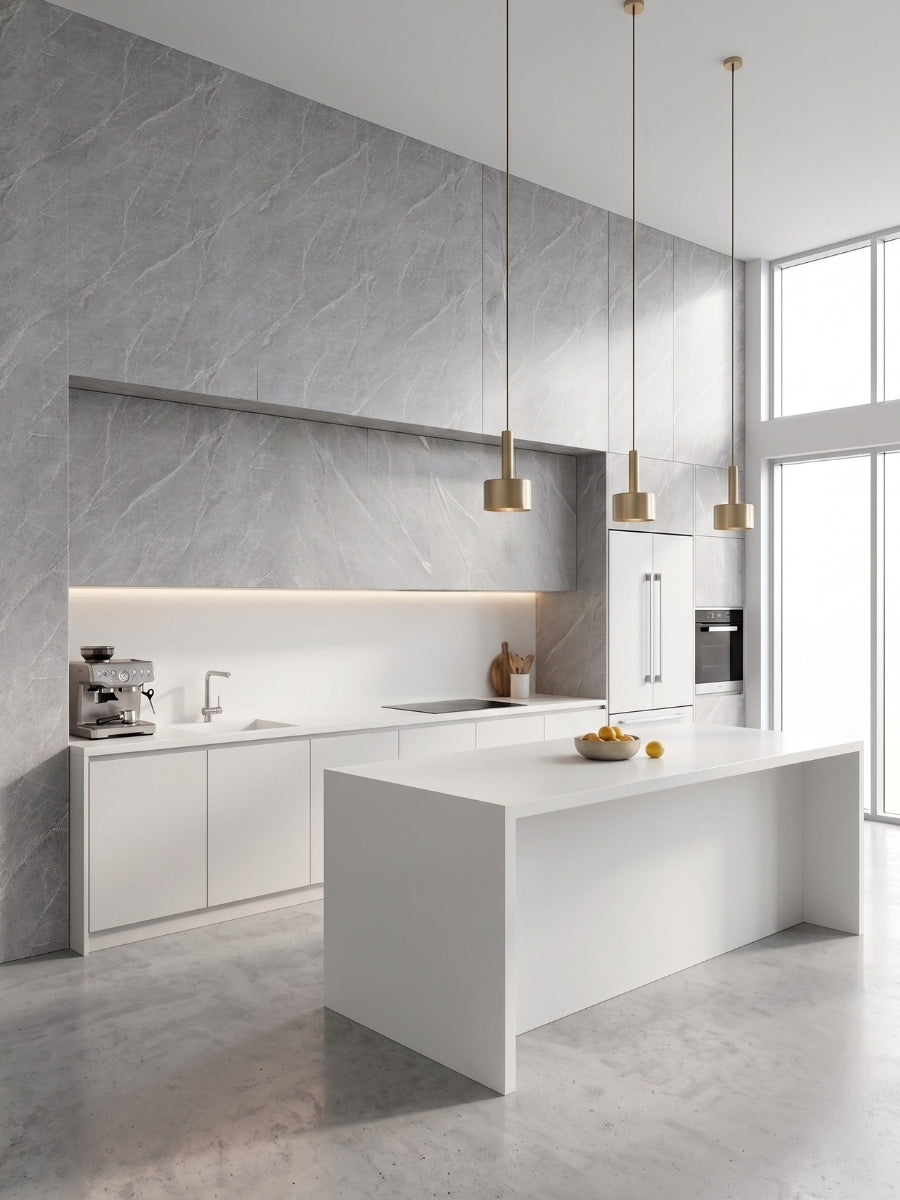 Ash gray marble PVC wall panels installed in a modern white kitchen with an island and pendant lights