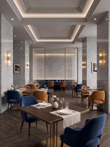 Ash gray marble PVC wall panels accenting an elegant restaurant with blue and tan seating