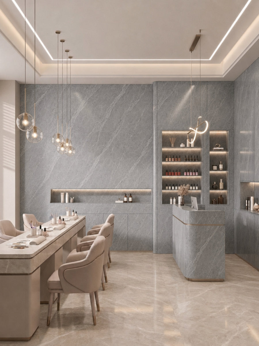 Ash gray marble PVC wall panels installed in a contemporary nail salon with manicure stations and display shelves