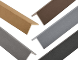 Five L-shaped acoustic and fluted wall panel trims in assorted wood-look, gray, and black finishes
