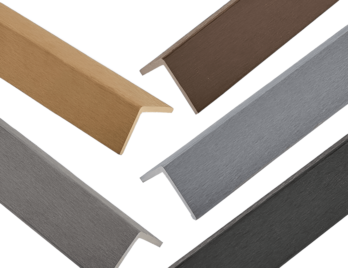 Five L-shaped acoustic and fluted wall panel trims in assorted wood-look, gray, and black finishes