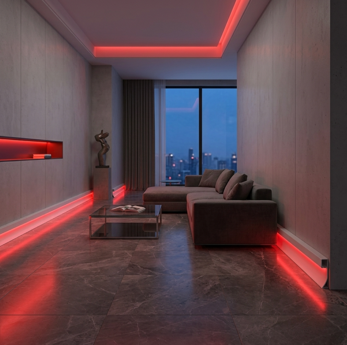 White aluminum LED baseboard molding casting red RGB light around a contemporary living room