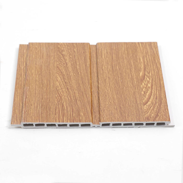 Light brown wood grain effect WPC wall cladding with interlocking panels