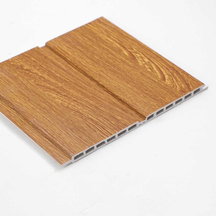 Light brown wood grain WPC wall paneling with beveled edge