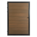 Brown wooden privacy gate with horizontal planks and dark grey metal frame