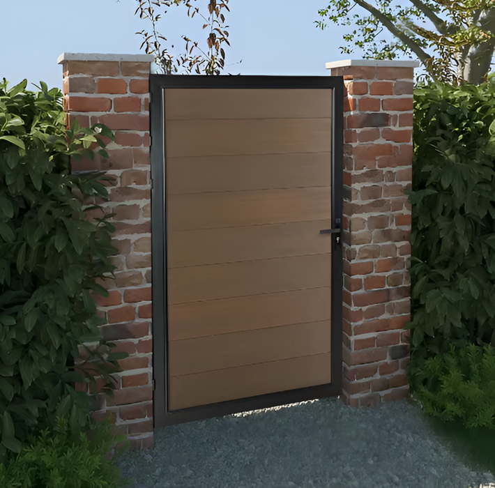 Brown 6ft x 4ft wooden privacy gate with black metal frame