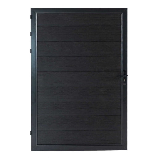 Black metal-framed dark brown wood privacy gate with lock