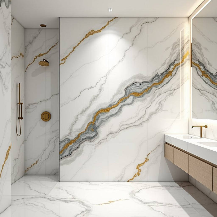 Luxe Gold Marble Sheet UV Protected PVC Wall Panel - 4x8 ft, Fireproof & Waterproof