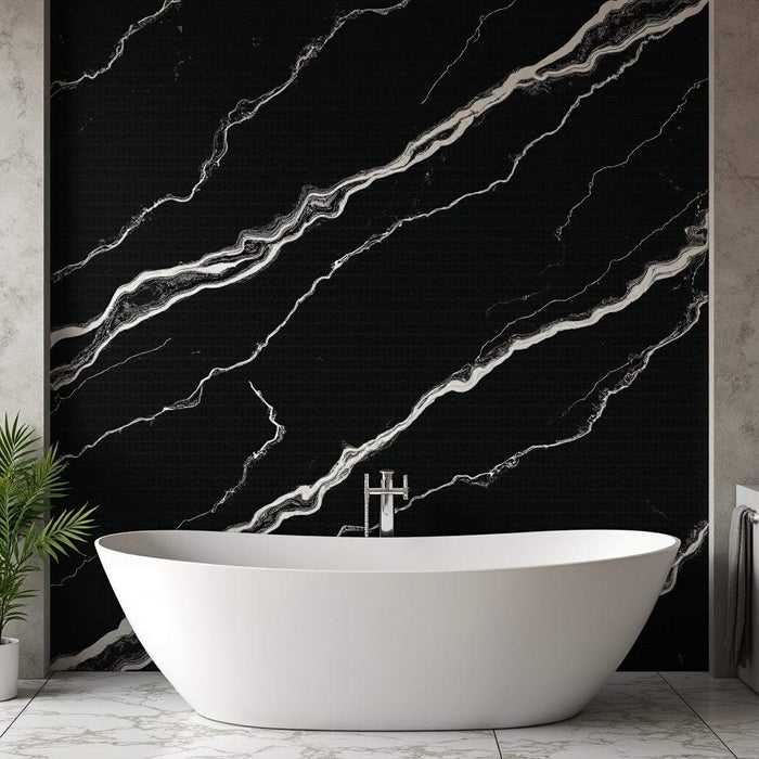 Luxurious deep black marble wall panel with white veins