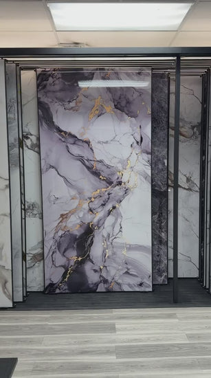 Blue Mist PVC marble sheets installed on modern interior wall, UV protected waterproof 4x8 ft