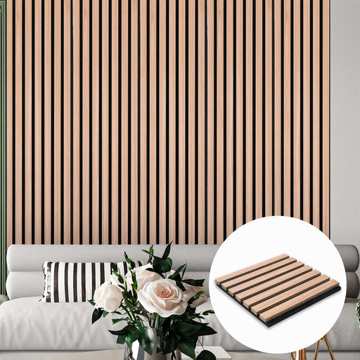 Stylish 94x24 oak and black acoustic wood wall panel with light brown slats