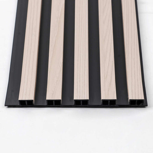 Light brown WPC wall panel with black striped pattern