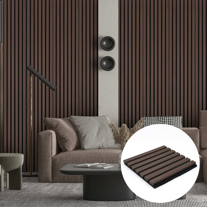 Dark chestnut wood slat acoustic wall panel in a modern FL living room