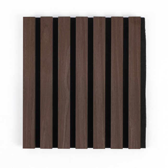 Dark brown grooved wood acoustic wall panel with visible grain and black felt backing