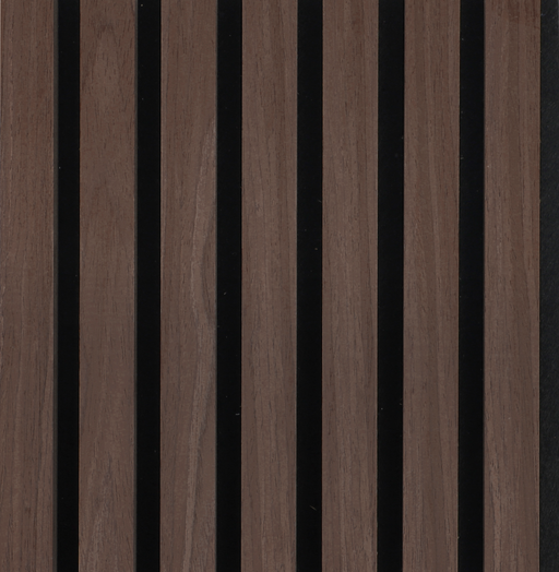 Brown wood slat acoustic wall panel with black stripes