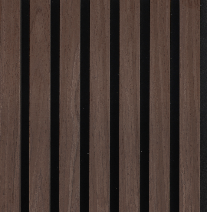 Brown wood slat acoustic wall panel with black stripes