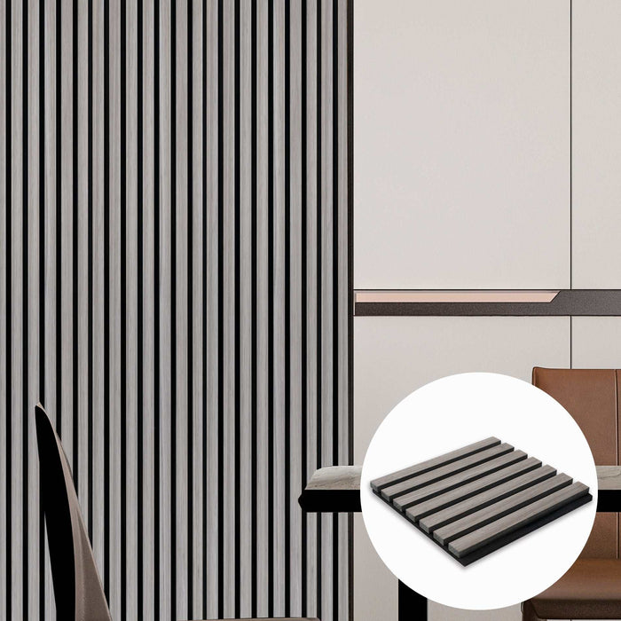 Gray and black vertical wood slat wall panel with gaps