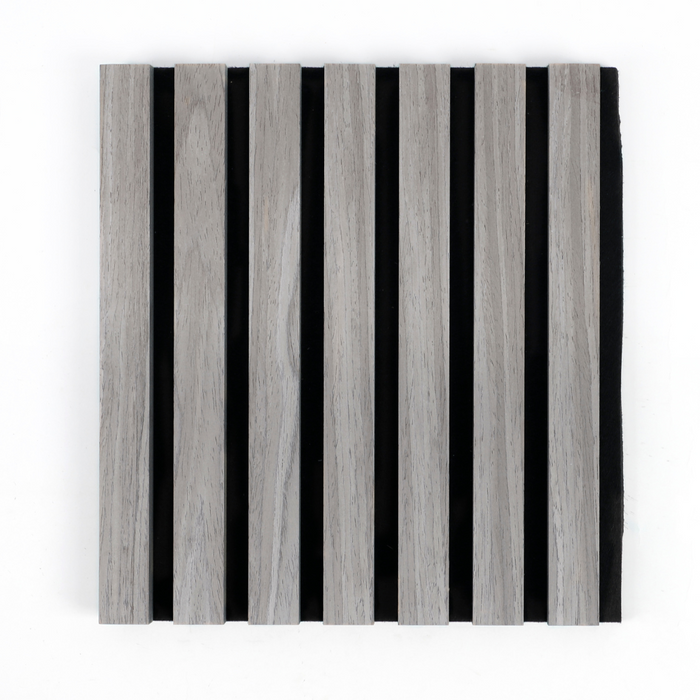 Gray and black acoustic wood slat wall panel with natural grain